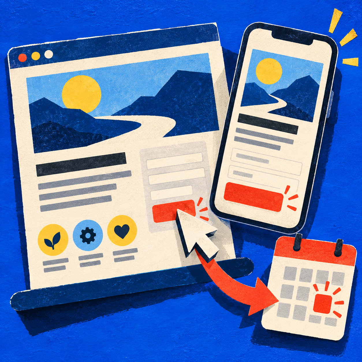 Illustrated desktop and phone pages show clear forms and bright buttons leading to a booking calendar.
