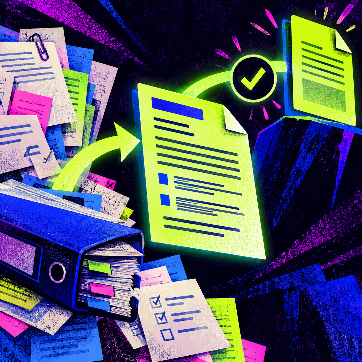 Source papers connect to a reviewed work card and a finished task in a vivid neon illustration.