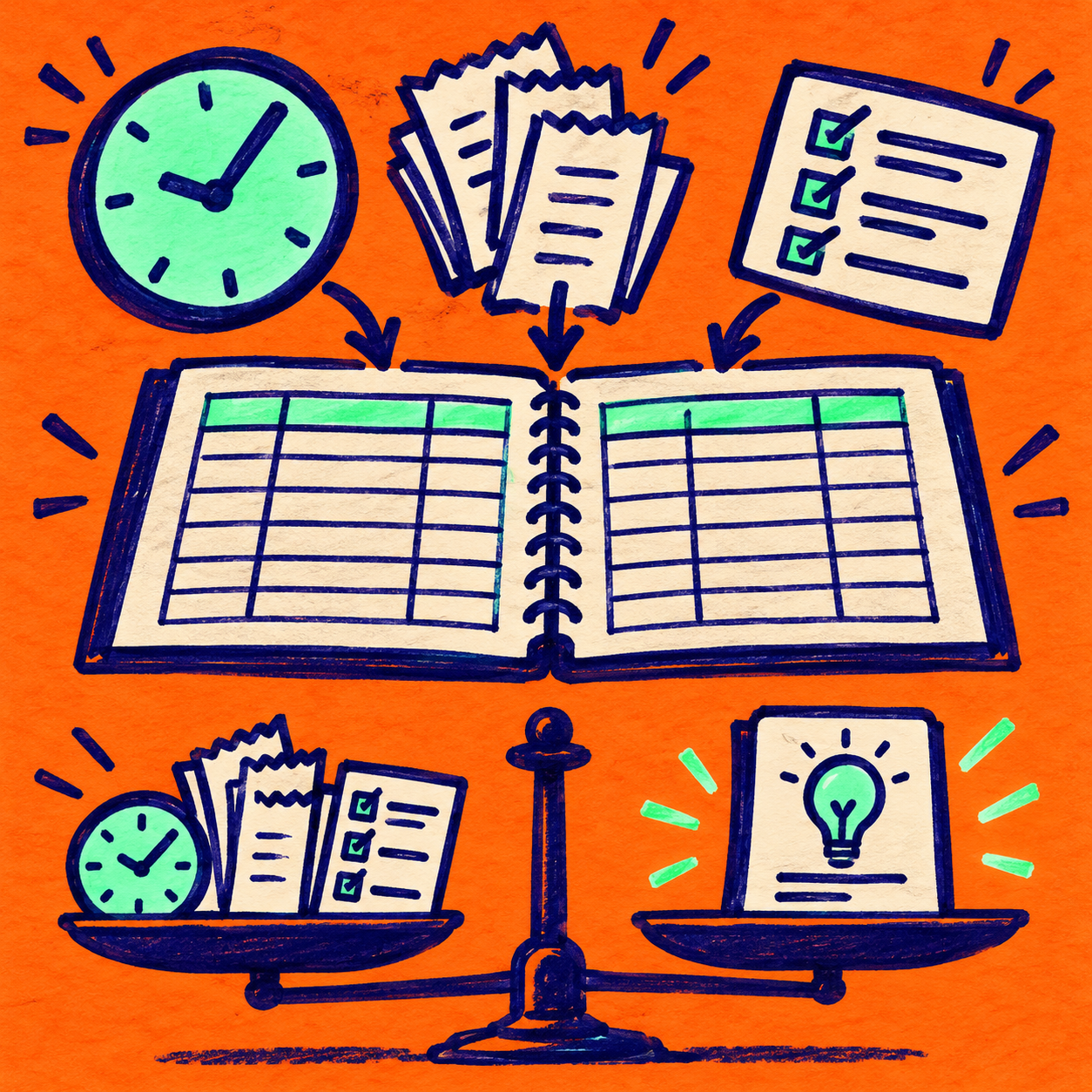A hand-drawn clock, cost receipts and completed tasks feed an empty business ledger and comparison scale.