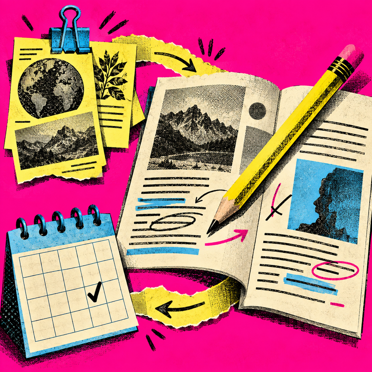 Research clippings lead to an article draft with an editorial pencil and a publication calendar.