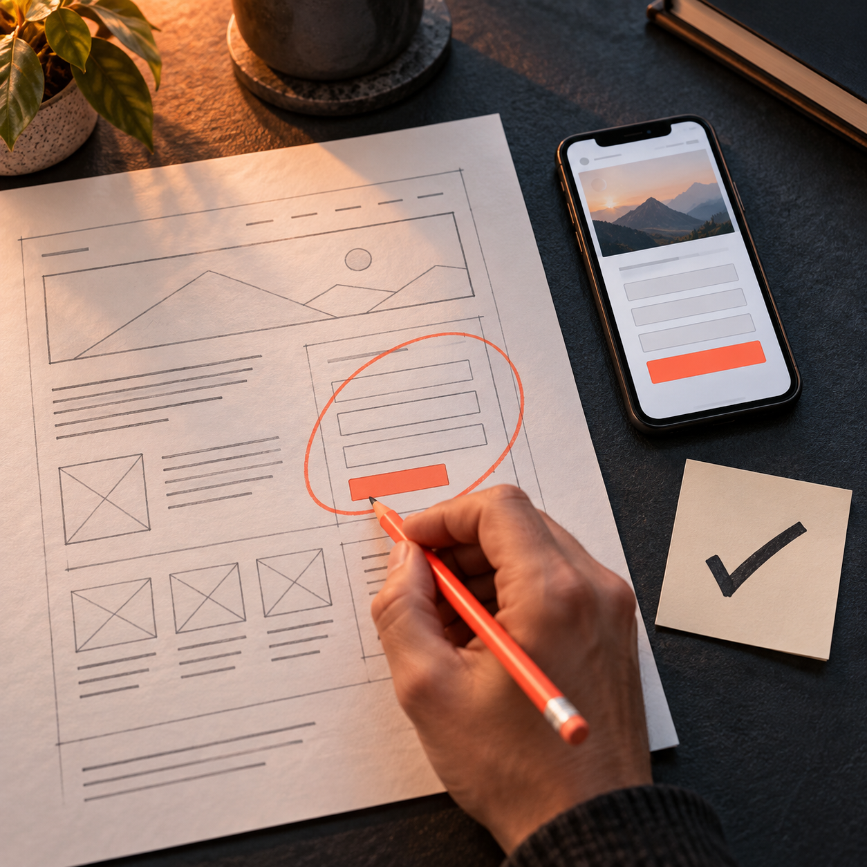 A person marks a short form on a paper page layout beside a phone with a clear next-step button.