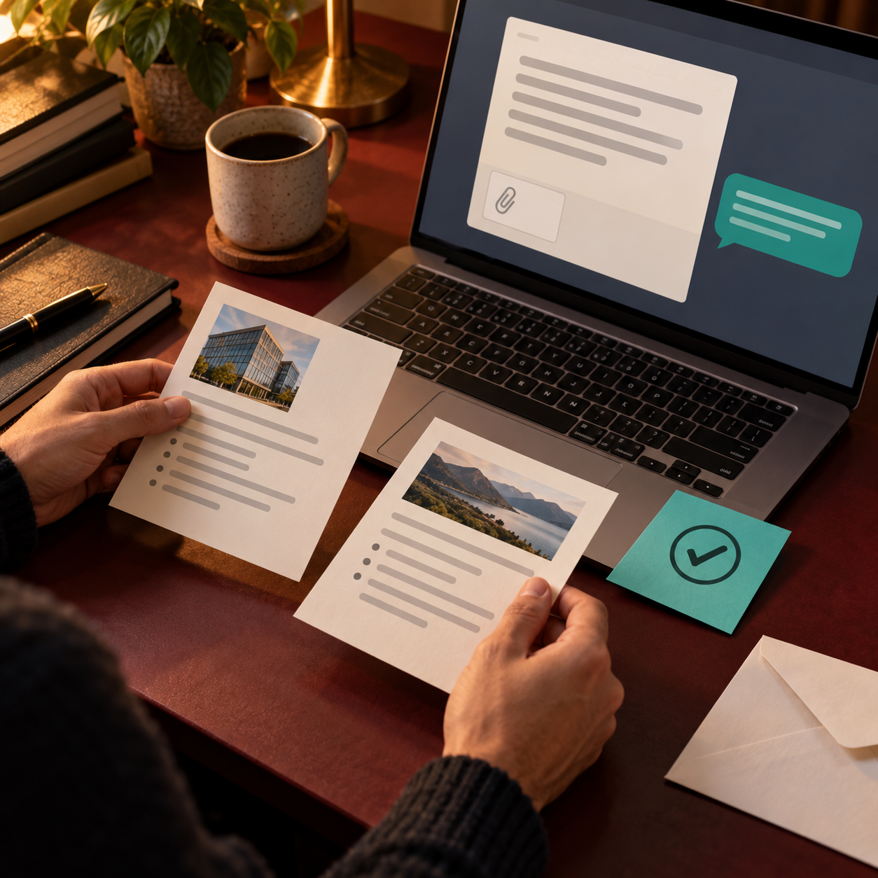 Account research cards sit beside a laptop message draft, a reply bubble and a review check.