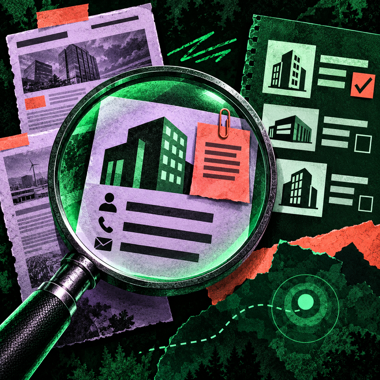 A magnifying glass examines a sourced company brief beside an illustrated account shortlist.