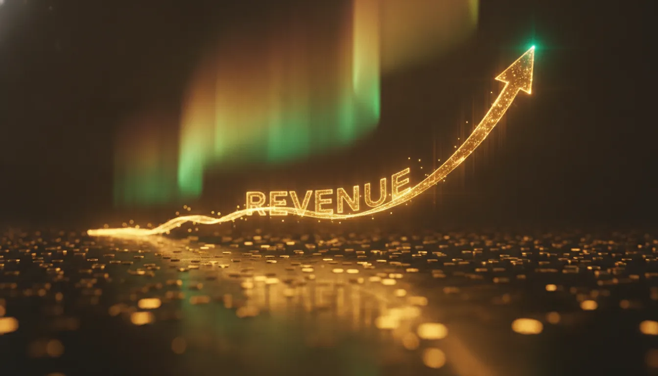 A rising revenue curve made of light and golden coins