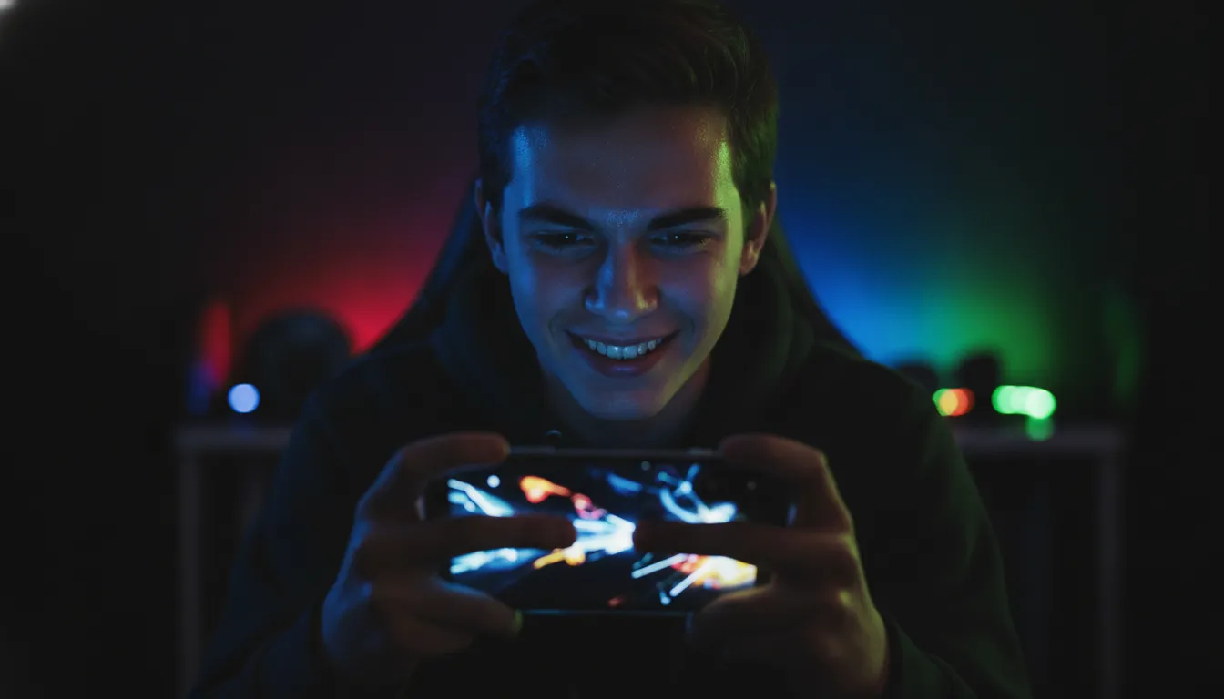 A gamer immersed in a mobile game, lit by colorful screen light