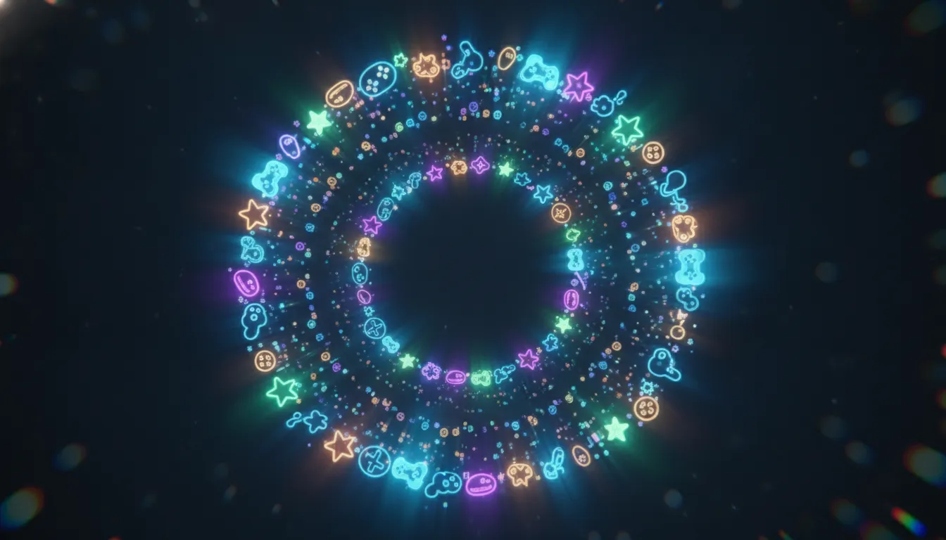A glowing app store discovery portal full of game icons