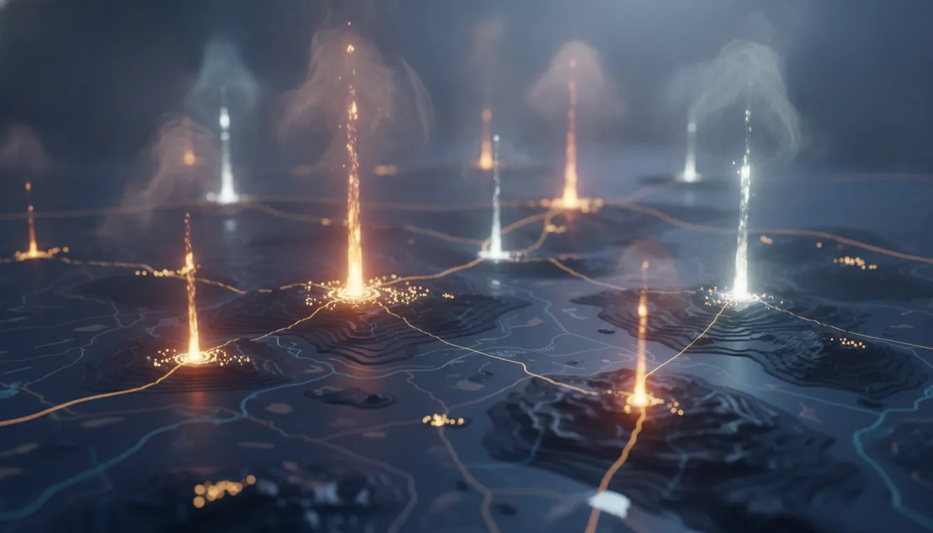 Standout glowing agency beacons across a dark map