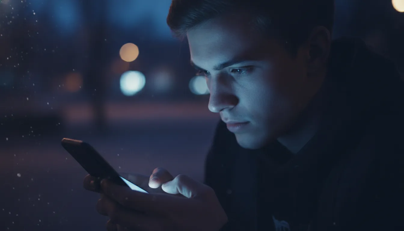 A person deeply absorbed in their smartphone, lit by the screen