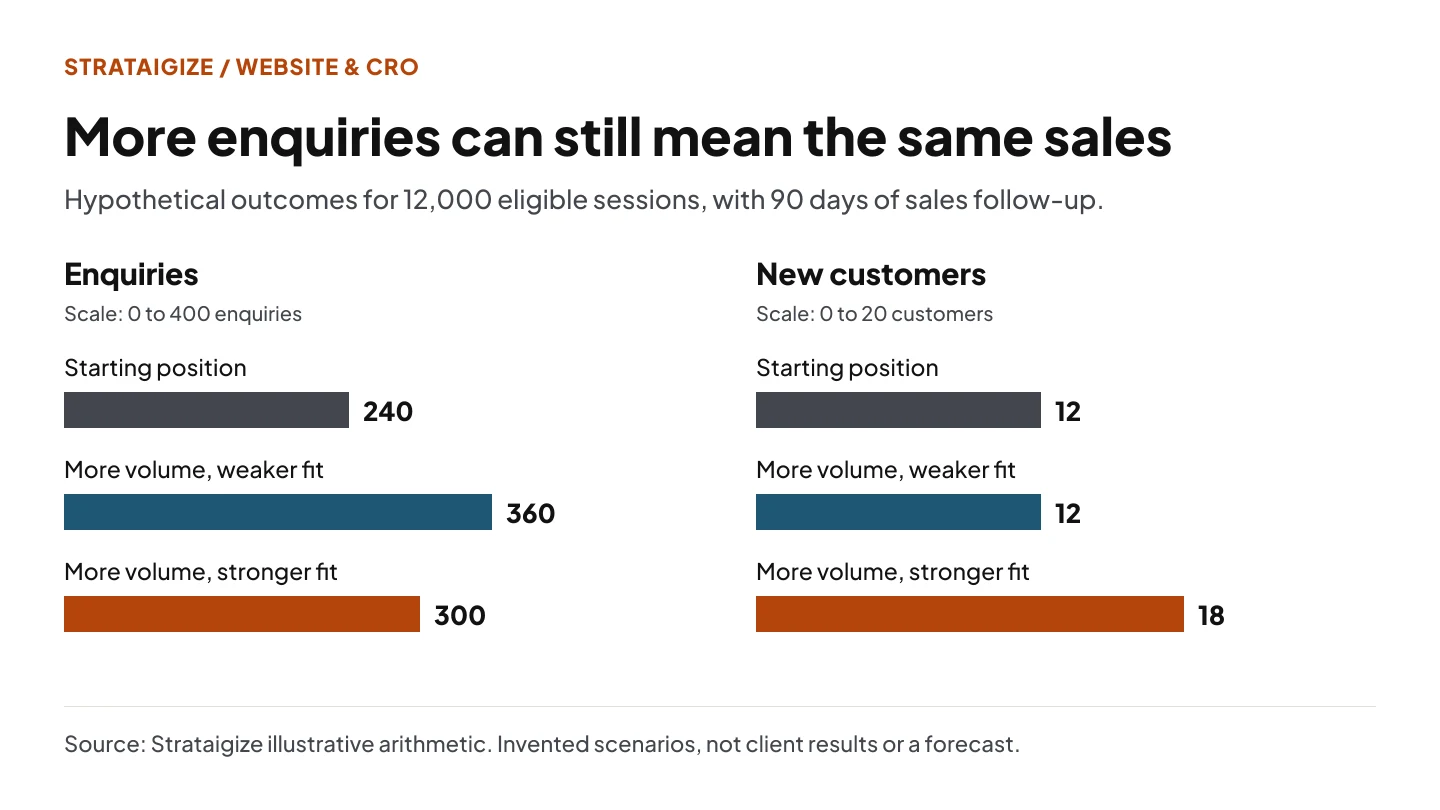 Two aligned bar charts compare hypothetical enquiries of 240, 360 and 300 with customer counts of 12, 12 and 18. The largest enquiry count does not produce the most customers.