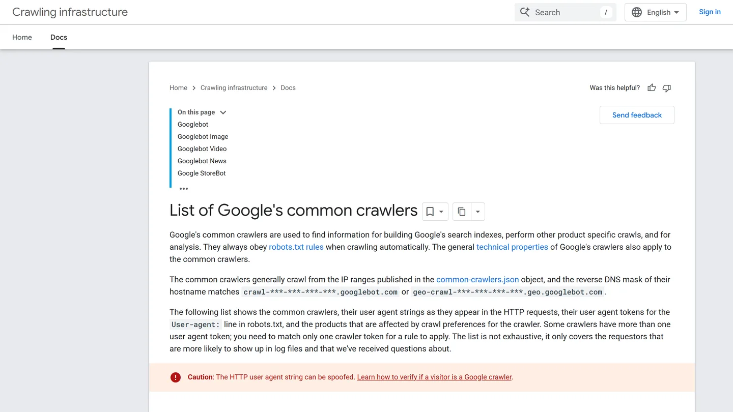Google's crawler documentation, showing Googlebot and Google-Extended are separate agents