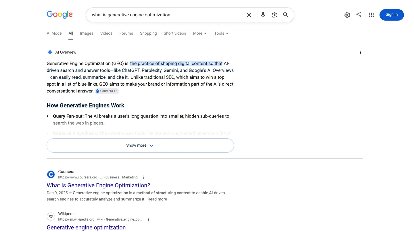 A live Google results page for this query, showing the AI answer layer above the classic organic results