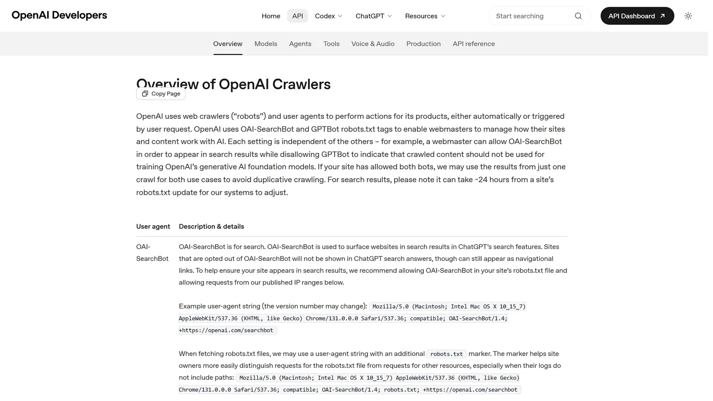 OpenAI's published crawler documentation for GPTBot, OAI-SearchBot and ChatGPT-User