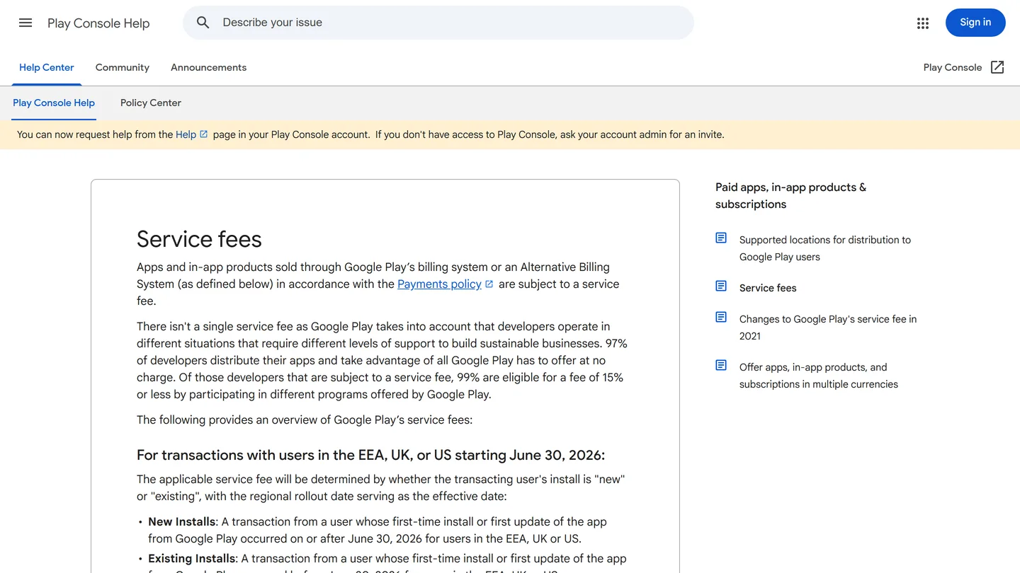 Google Play's published service fee schedule