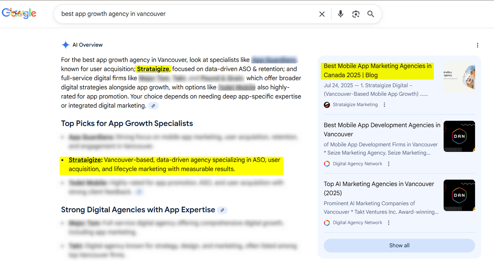 Google AI Overview listing Strataigize Marketing as an app growth agency focused on data-driven ASO and retention