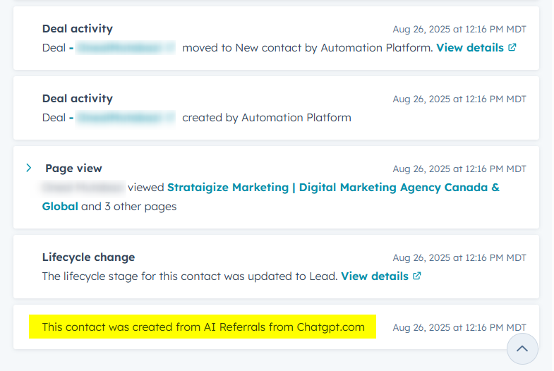 A qualified lead attributed to ChatGPT in HubSpot