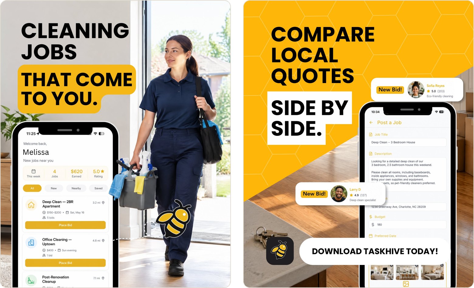 Two TaskHive ads from September 2026. The cleaner ad, Cleaning jobs that come to you, brought 578 installs at $1.51 each. The customer ad, Compare local quotes side by side, brought 349 installs at $2.22 each.
